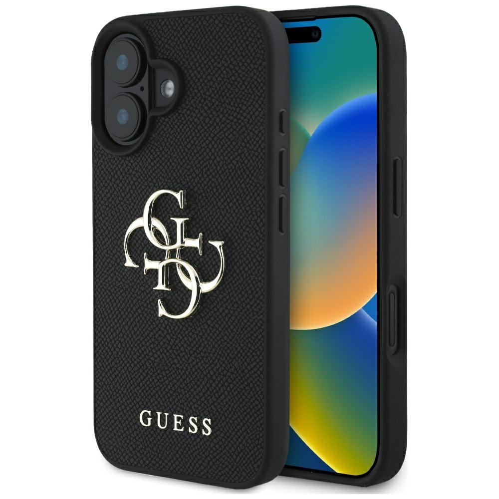 Pouzdro pro Apple iPhone 16, Guess, Grained Big 4G Logo Small Classic Logo, Černá
