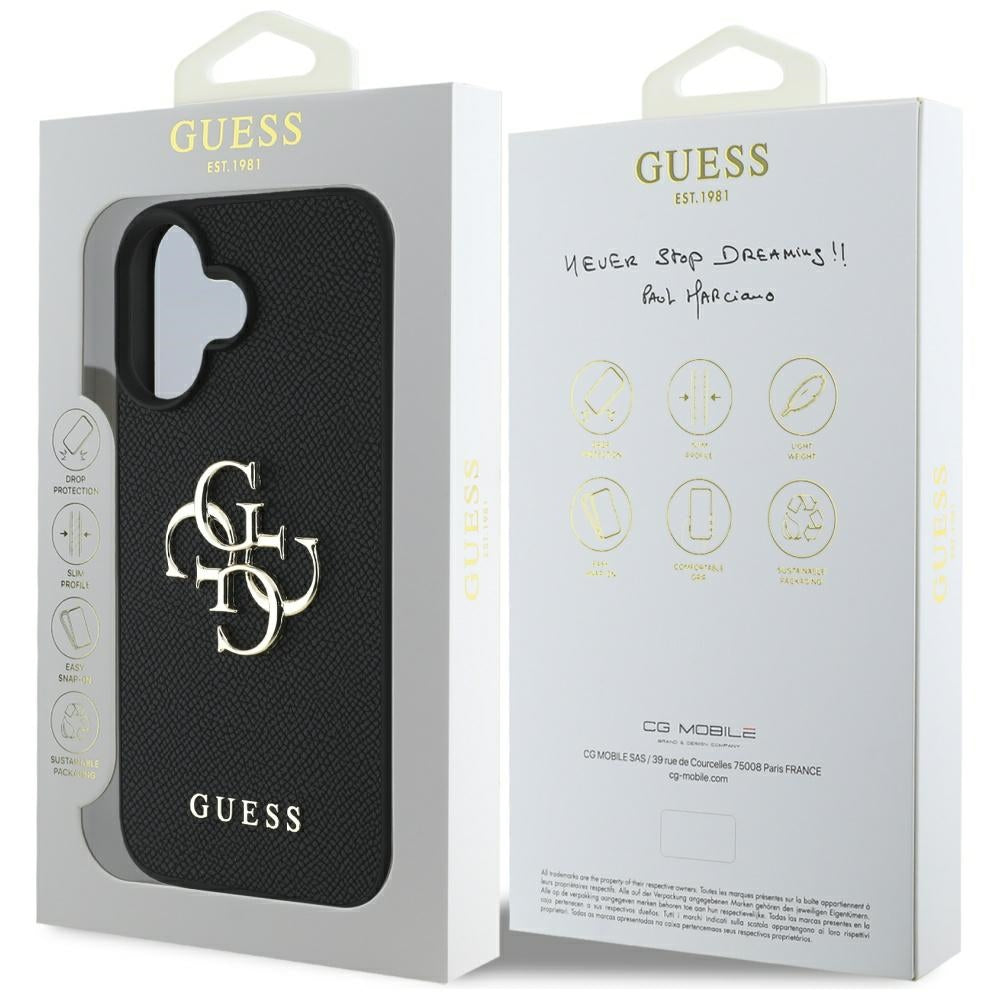 Pouzdro pro Apple iPhone 16, Guess, Grained Big 4G Logo Small Classic Logo, Černá