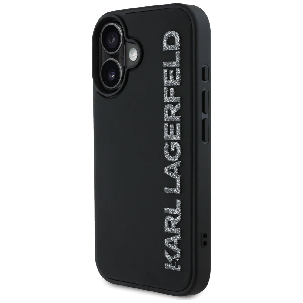 Pouzdro pro Apple iPhone 16, Karl Lagerfeld, 3D Rubber Elongated Glitter Logo, Černá