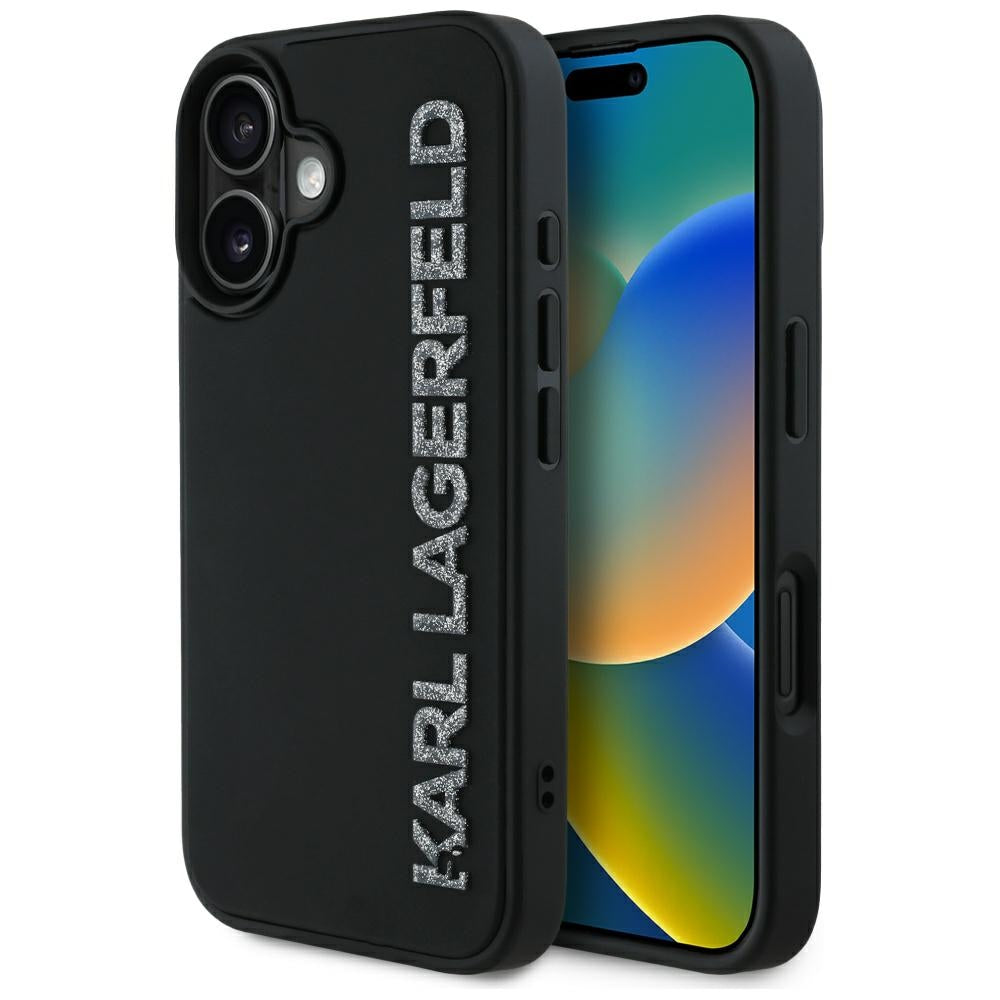 Pouzdro pro Apple iPhone 16, Karl Lagerfeld, 3D Rubber Elongated Glitter Logo, Černá