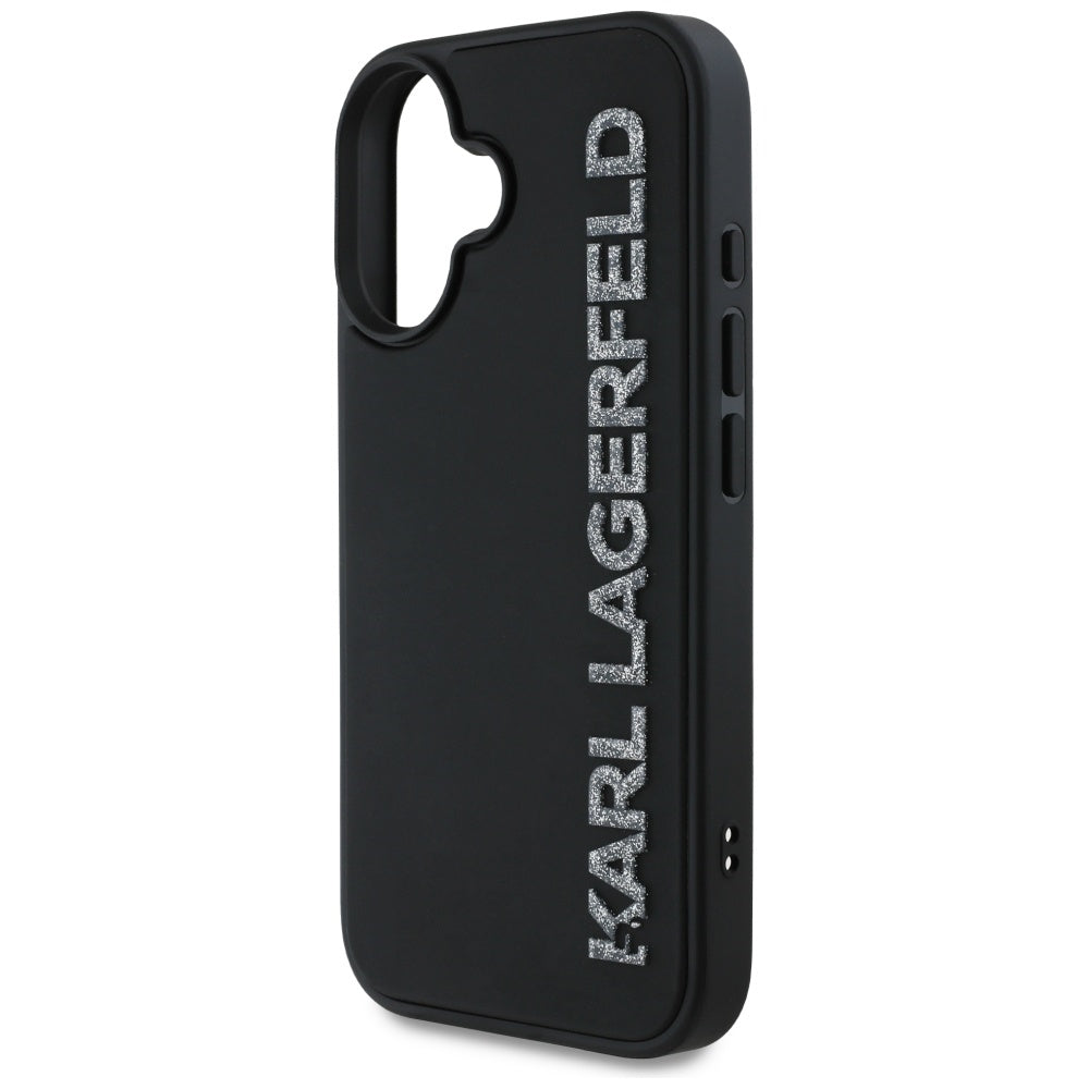Pouzdro pro Apple iPhone 16, Karl Lagerfeld, 3D Rubber Elongated Glitter Logo, Černá
