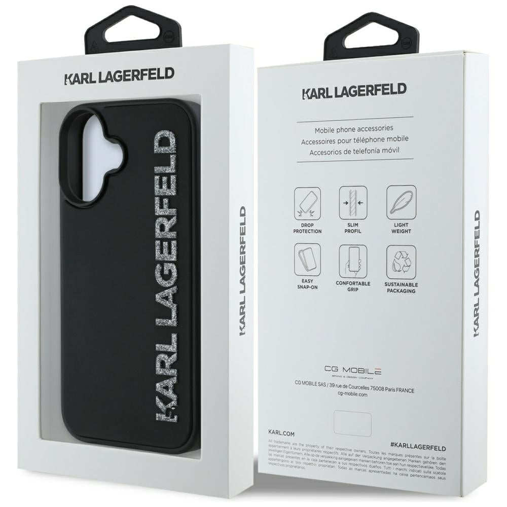 Pouzdro pro Apple iPhone 16, Karl Lagerfeld, 3D Rubber Elongated Glitter Logo, Černá