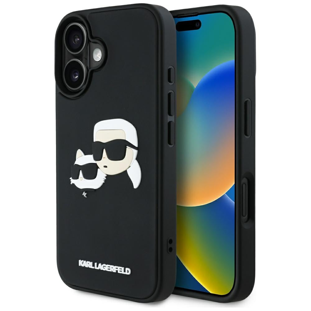 Pouzdro pro Apple iPhone 16, Karl Lagerfeld, 3D Rubber Karl & Choupette, Černá