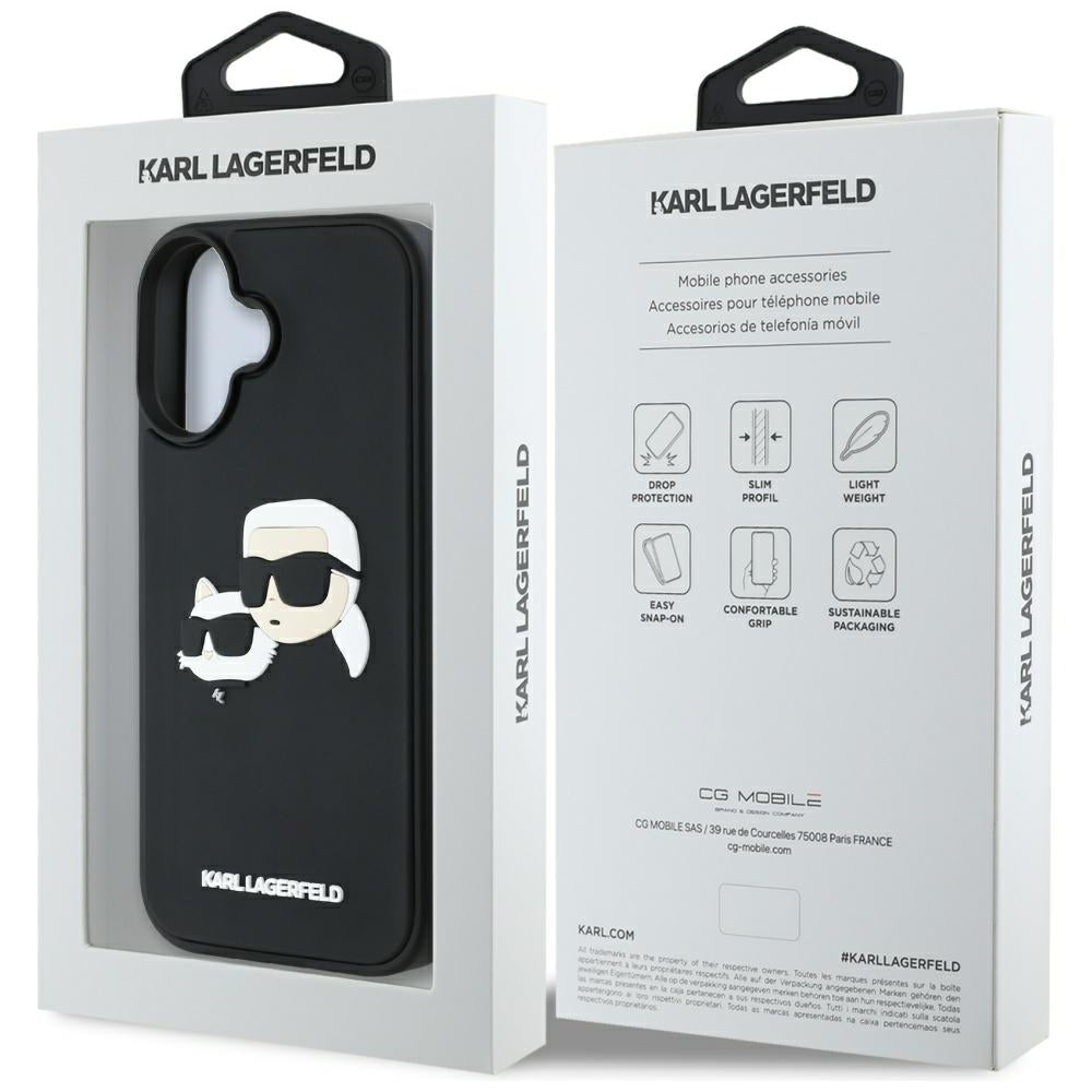 Pouzdro pro Apple iPhone 16, Karl Lagerfeld, 3D Rubber Karl & Choupette, Černá