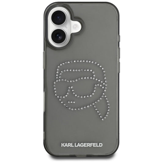 Pouzdro pro Apple iPhone 16, Karl Lagerfeld, IML Rhinestones Karl's Head, Černá