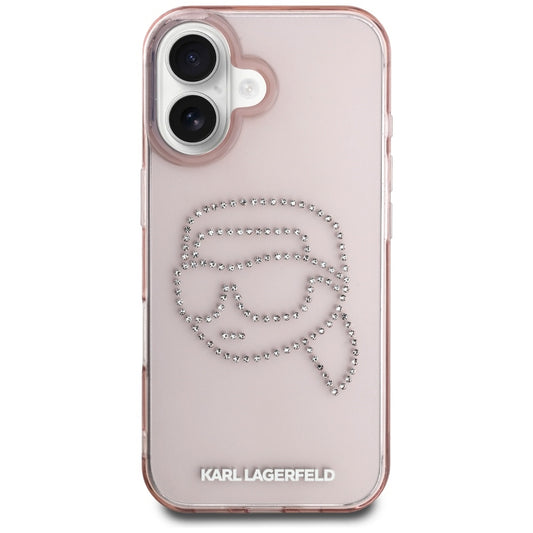 Pouzdro pro Apple iPhone 16, Karl Lagerfeld, IML Rhinestones Karl's Head, Růžové
