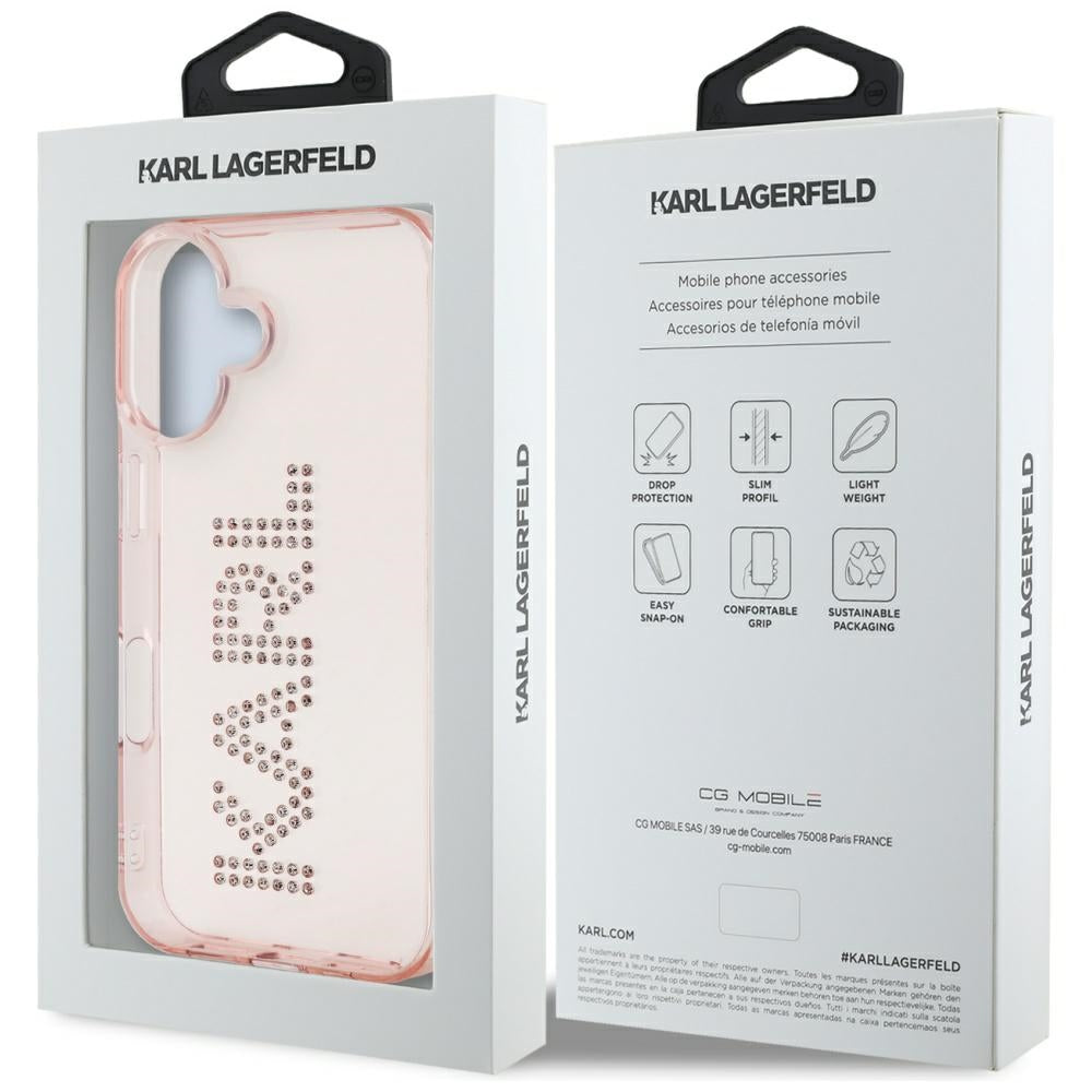 Pouzdro pro Apple iPhone 16, Karl Lagerfeld, IML Rhinestones Pink Logo, Růžové