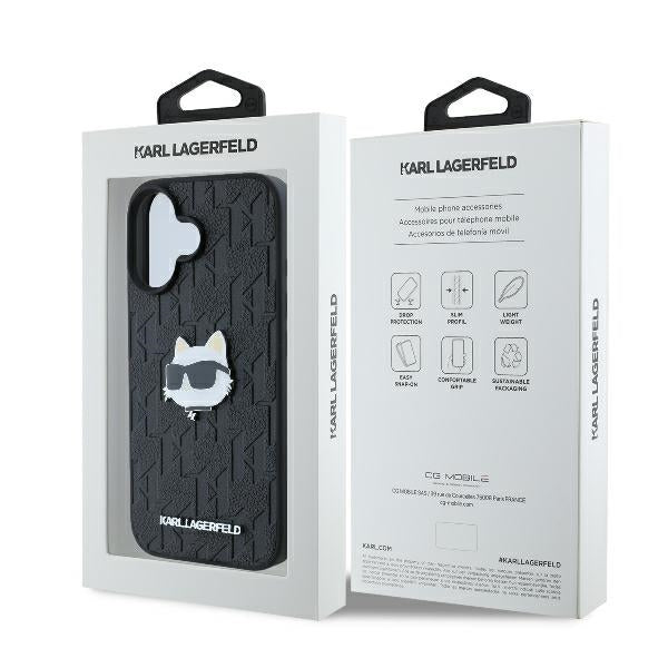 Pouzdro pro Apple iPhone 16, Karl Lagerfeld, Monogram Choupette's Head, Černá