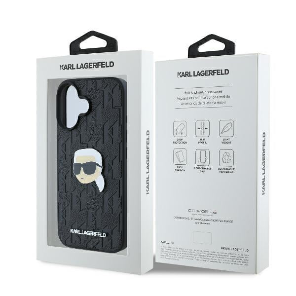 Pouzdro pro Apple iPhone 16, Karl Lagerfeld, Monogram Karl's Head, Černá