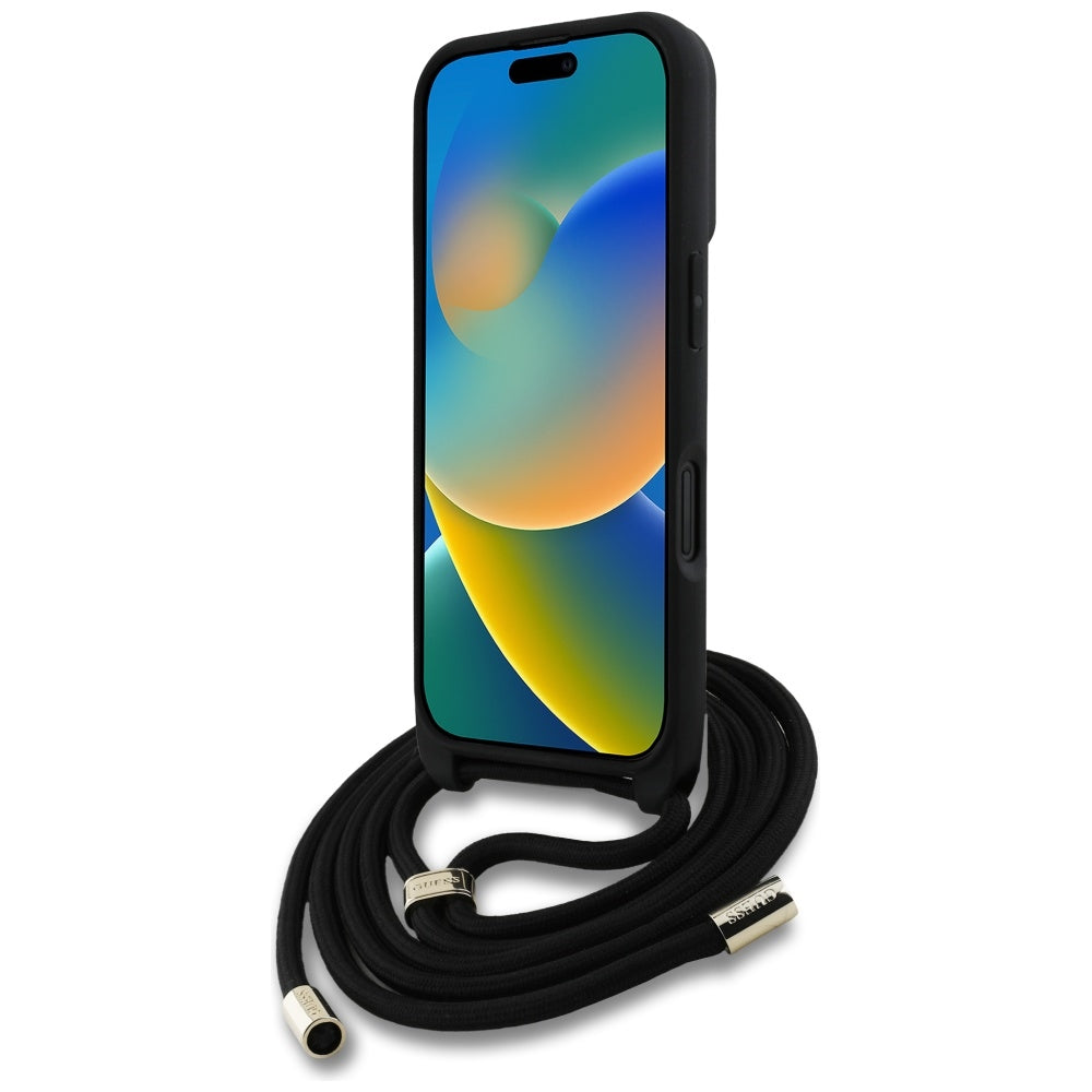 Pouzdro pro Apple iPhone 16 Plus, Guess, 4G CBDY Big Logo with Cord Strap, Černá