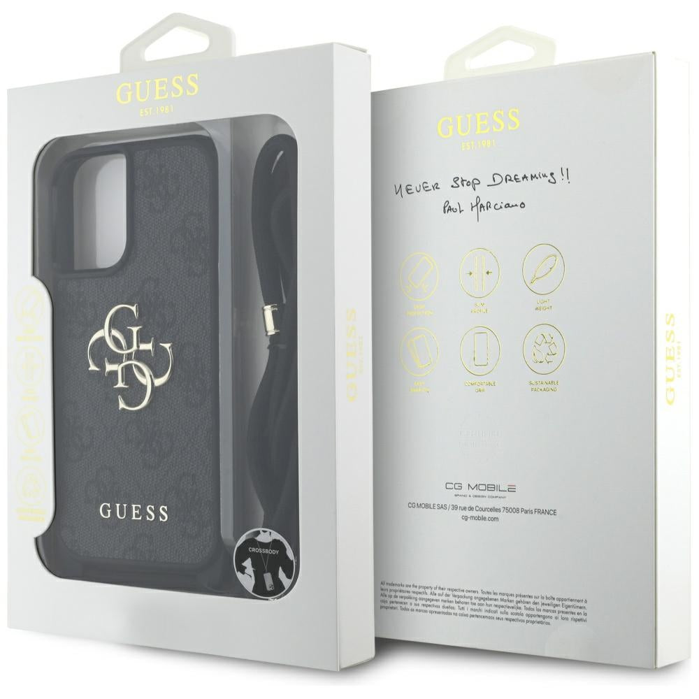 Pouzdro pro Apple iPhone 16 Plus, Guess, 4G CBDY Big Logo with Cord Strap, Černá