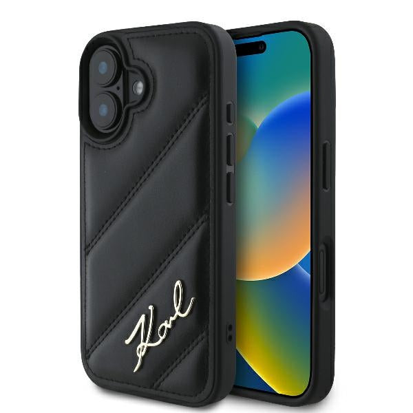 Pouzdro pro Apple iPhone 16 Plus, Karl Lagerfeld, Diagonal Quilted Script, Černá