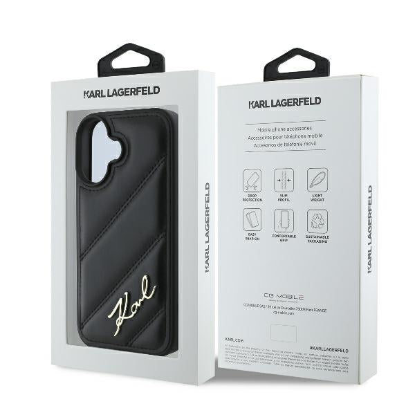 Pouzdro pro Apple iPhone 16 Plus, Karl Lagerfeld, Diagonal Quilted Script, Černá