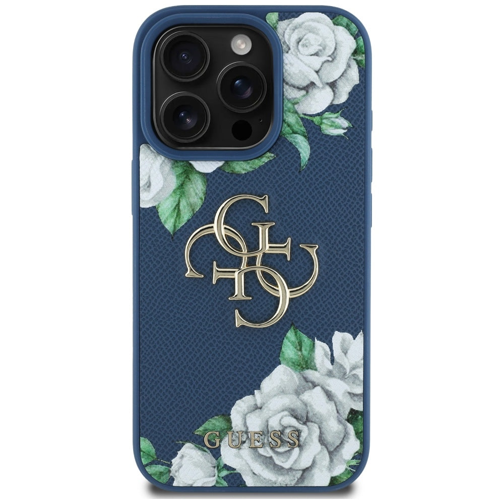 Pouzdro pro Apple iPhone 16 Pro, Guess, 4G Grained Roses Big Logo, Modrá