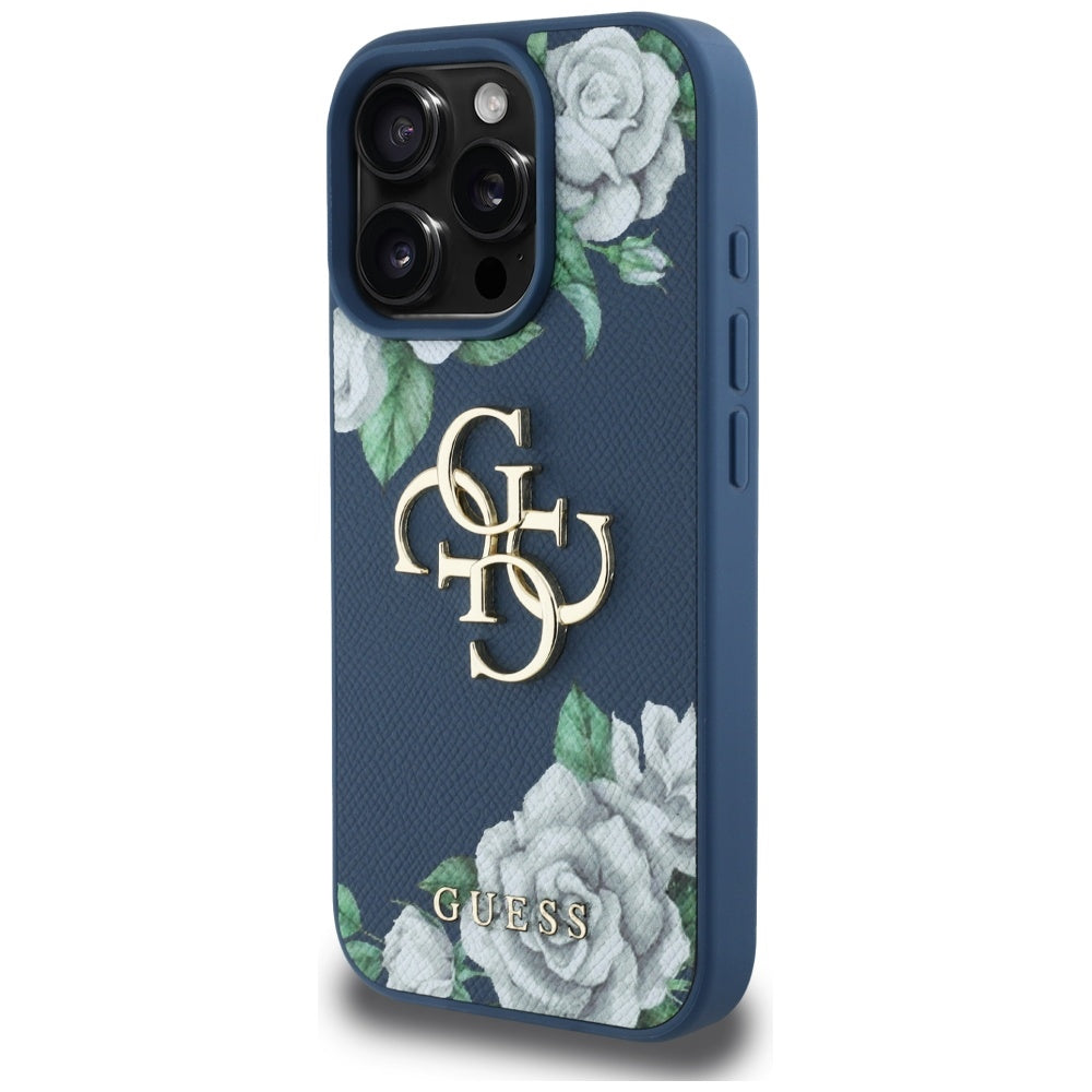 Pouzdro pro Apple iPhone 16 Pro, Guess, 4G Grained Roses Big Logo, Modrá