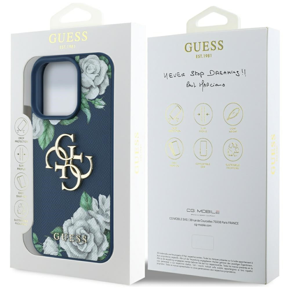 Pouzdro pro Apple iPhone 16 Pro, Guess, 4G Grained Roses Big Logo, Modrá