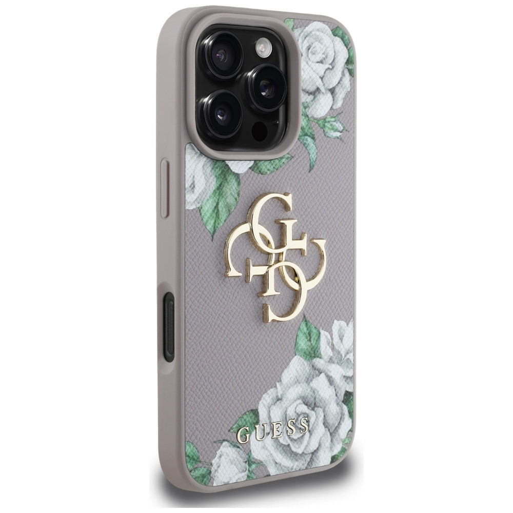 Pouzdro pro Apple iPhone 16 Pro, Guess, 4G Grained Roses Big Logo, Fialová