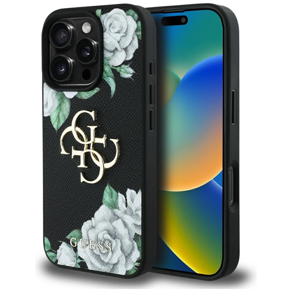 Pouzdro pro Apple iPhone 16 Pro, Guess, 4G Grained Roses Big Logo, Černá