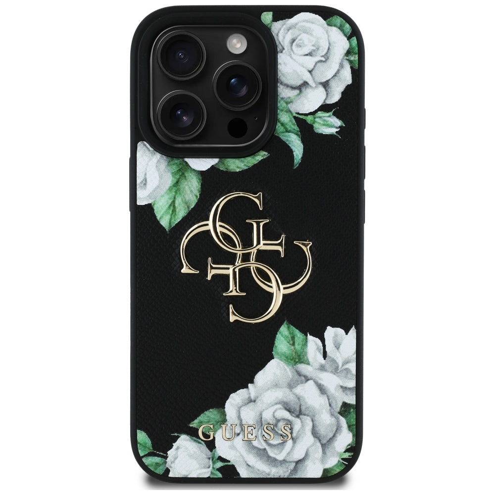 Pouzdro pro Apple iPhone 16 Pro, Guess, 4G Grained Roses Big Logo, Černá
