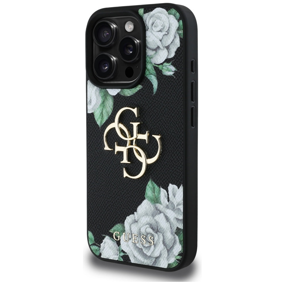 Pouzdro pro Apple iPhone 16 Pro, Guess, 4G Grained Roses Big Logo, Černá