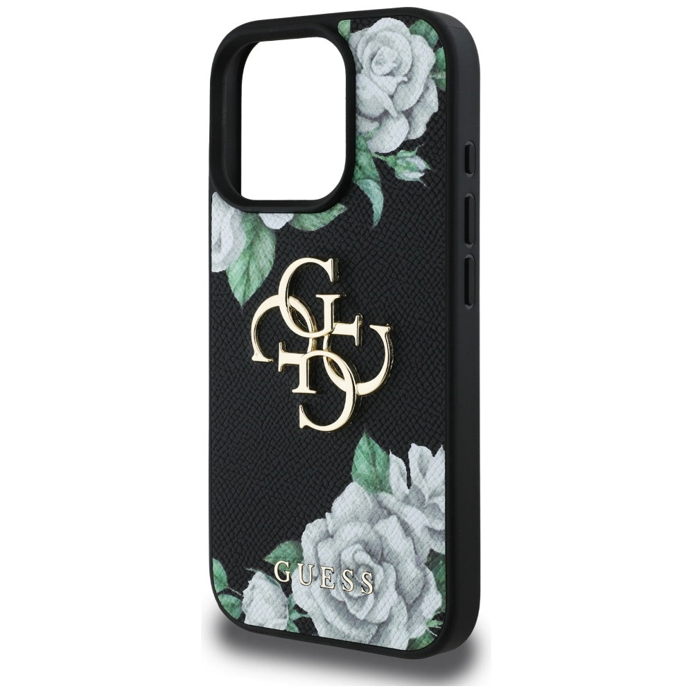 Pouzdro pro Apple iPhone 16 Pro, Guess, 4G Grained Roses Big Logo, Černá