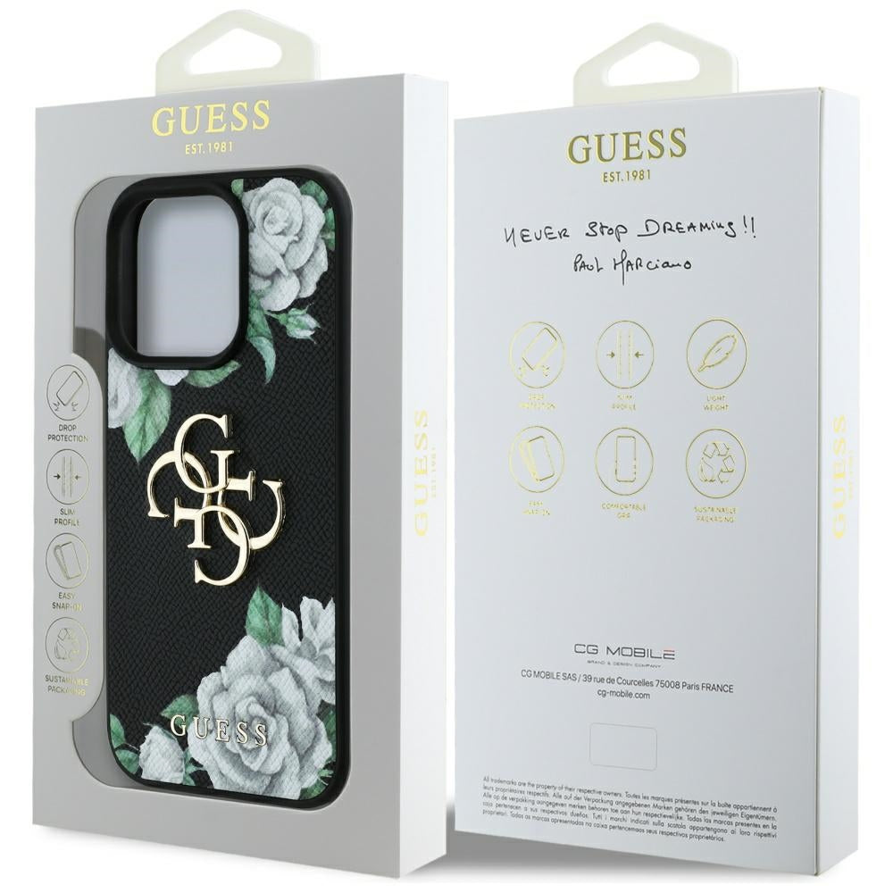 Pouzdro pro Apple iPhone 16 Pro, Guess, 4G Grained Roses Big Logo, Černá