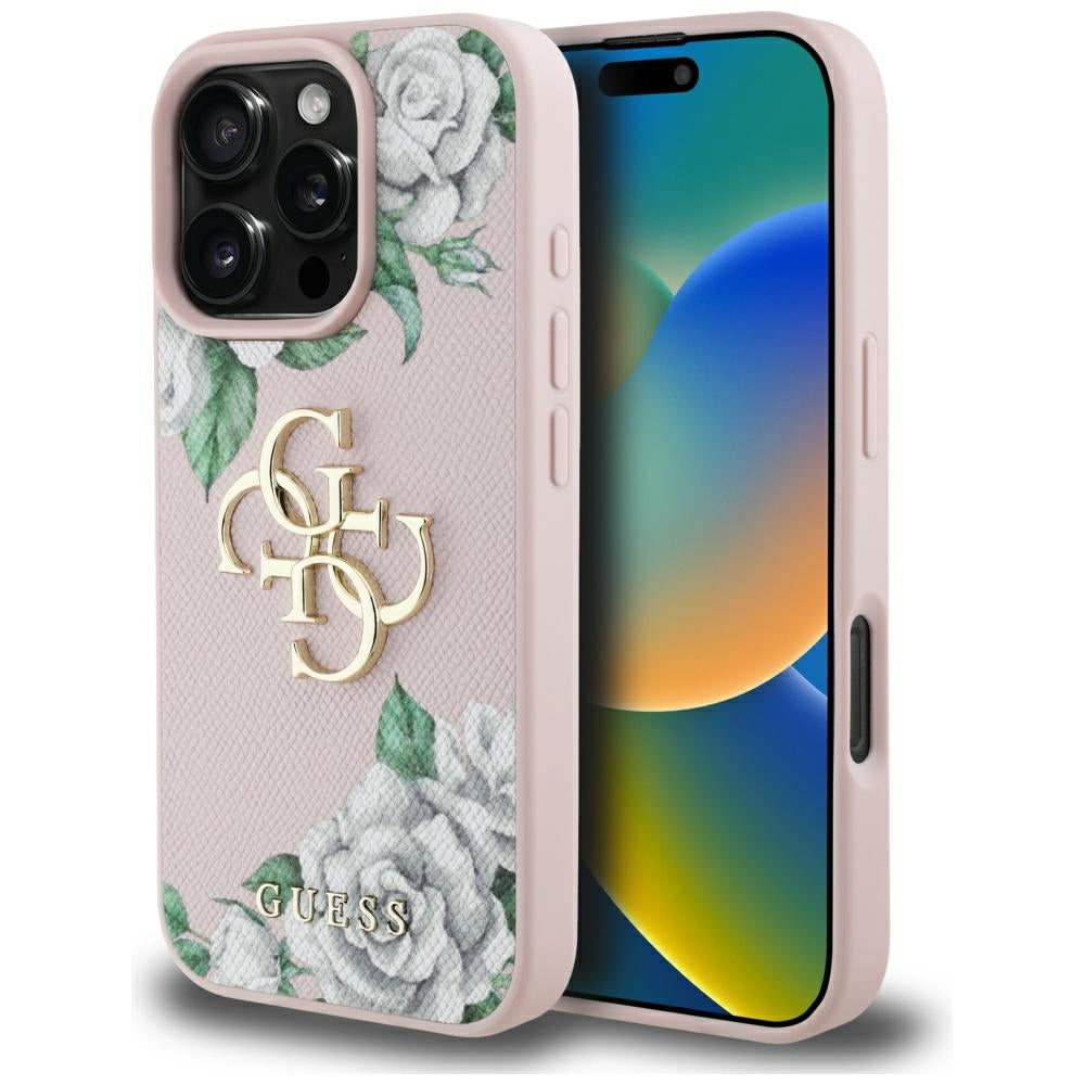 Pouzdro pro Apple iPhone 16 Pro, Guess, 4G Grained Roses Big Logo, Růžové