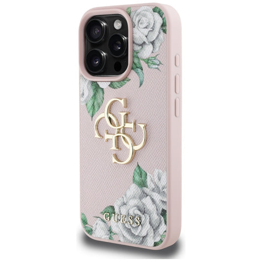 Pouzdro pro Apple iPhone 16 Pro, Guess, 4G Grained Roses Big Logo, Růžové