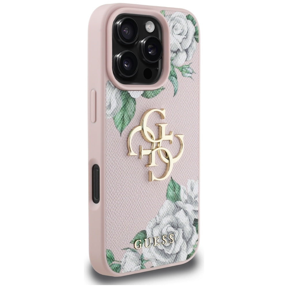 Pouzdro pro Apple iPhone 16 Pro, Guess, 4G Grained Roses Big Logo, Růžové