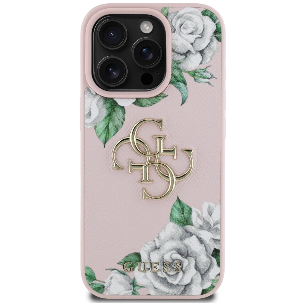 Pouzdro pro Apple iPhone 16 Pro, Guess, 4G Grained Roses Big Logo, Růžové