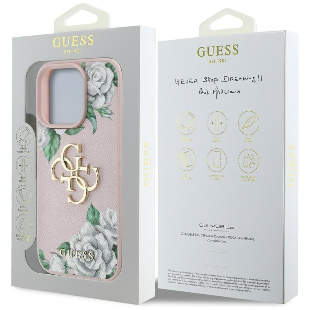 Pouzdro pro Apple iPhone 16 Pro, Guess, 4G Grained Roses Big Logo, Růžové
