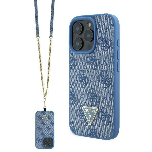 Pouzdro pro Apple iPhone 16 Pro, Guess, Crossbody 4G Triangle Strass, Modrá