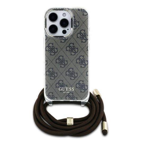 Pouzdro pro Apple iPhone 16 Pro, Guess, Crossbody Cord 4G Print, Hnědá