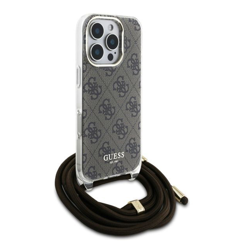 Pouzdro pro Apple iPhone 16 Pro, Guess, Crossbody Cord 4G Print, Hnědá