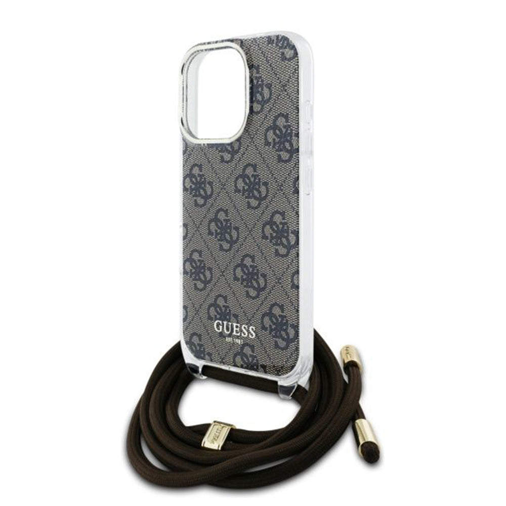 Pouzdro pro Apple iPhone 16 Pro, Guess, Crossbody Cord 4G Print, Hnědá