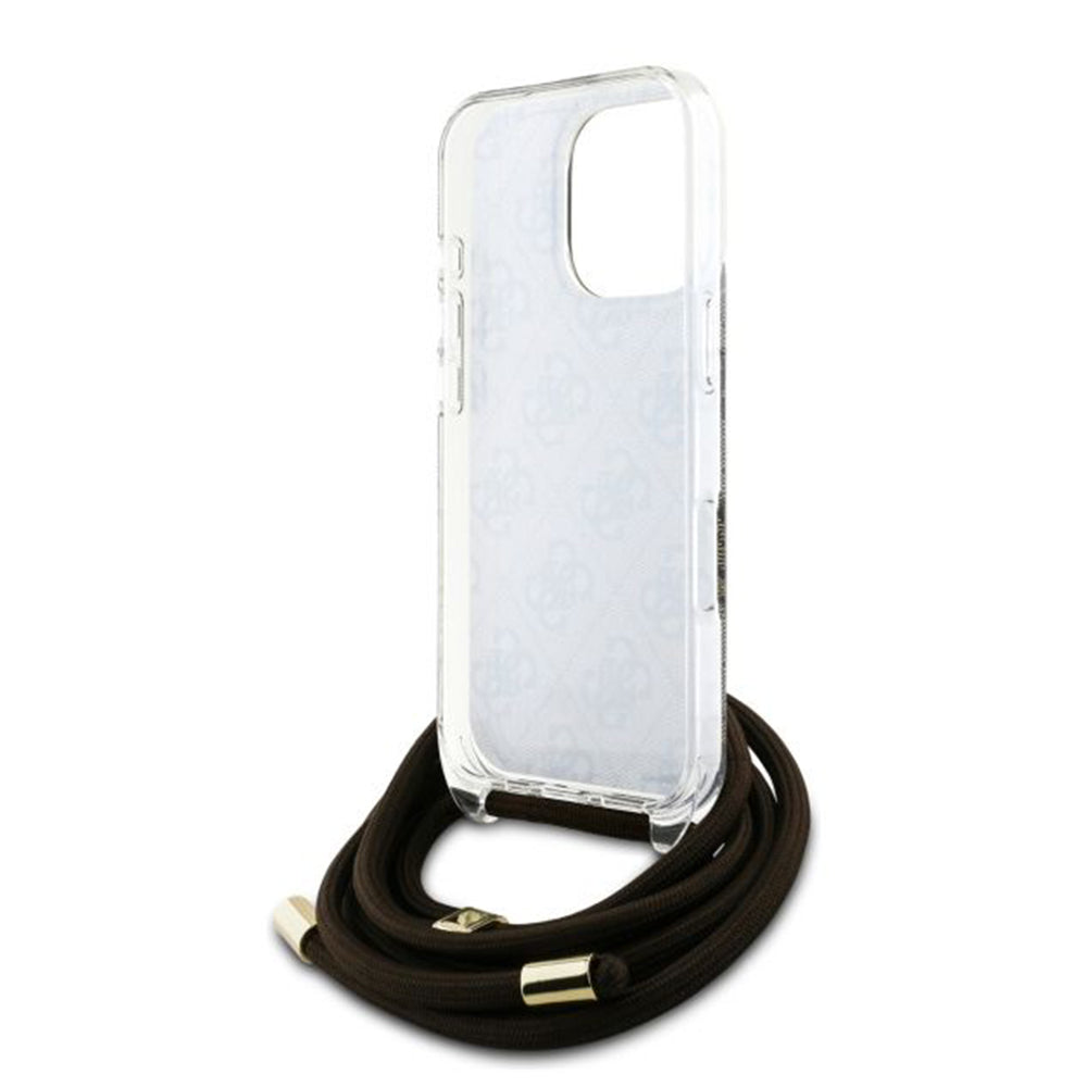 Pouzdro pro Apple iPhone 16 Pro, Guess, Crossbody Cord 4G Print, Hnědá