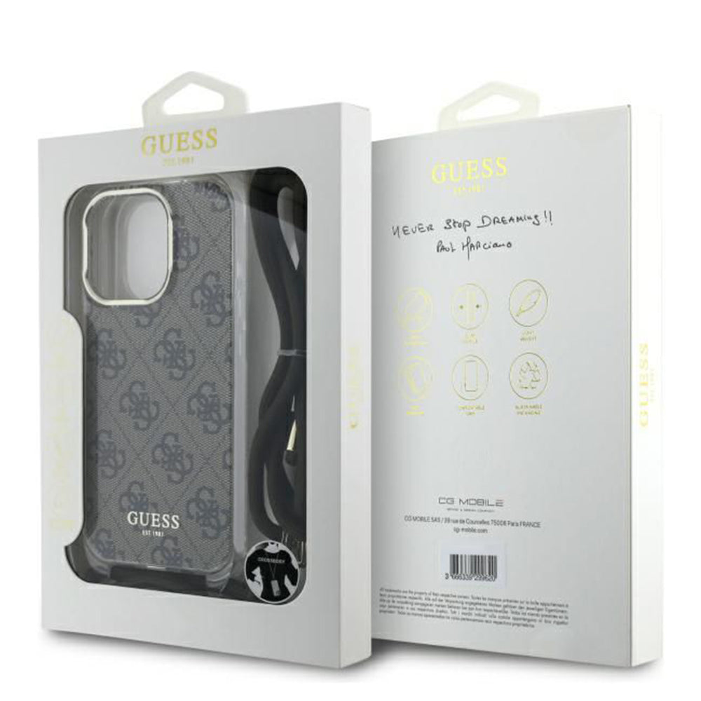 Pouzdro pro Apple iPhone 16 Pro, Guess, Crossbody Cord 4G Print, Hnědá
