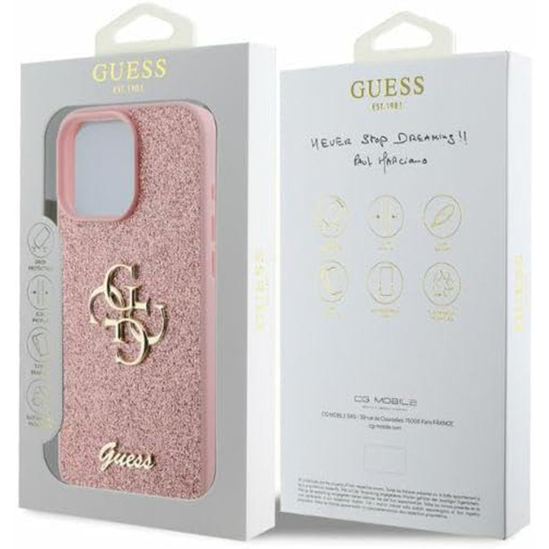 Pouzdro pro Apple iPhone 16 Pro, Guess, Fixed Glitter Big 4G, Růžové