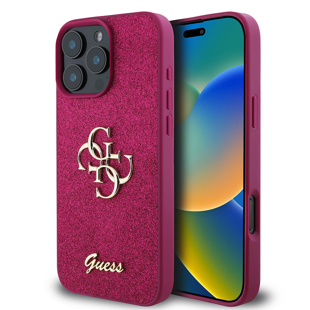 Pouzdro pro Apple iPhone 16 Pro, Guess, Glitter Big 4G Script, Magenta