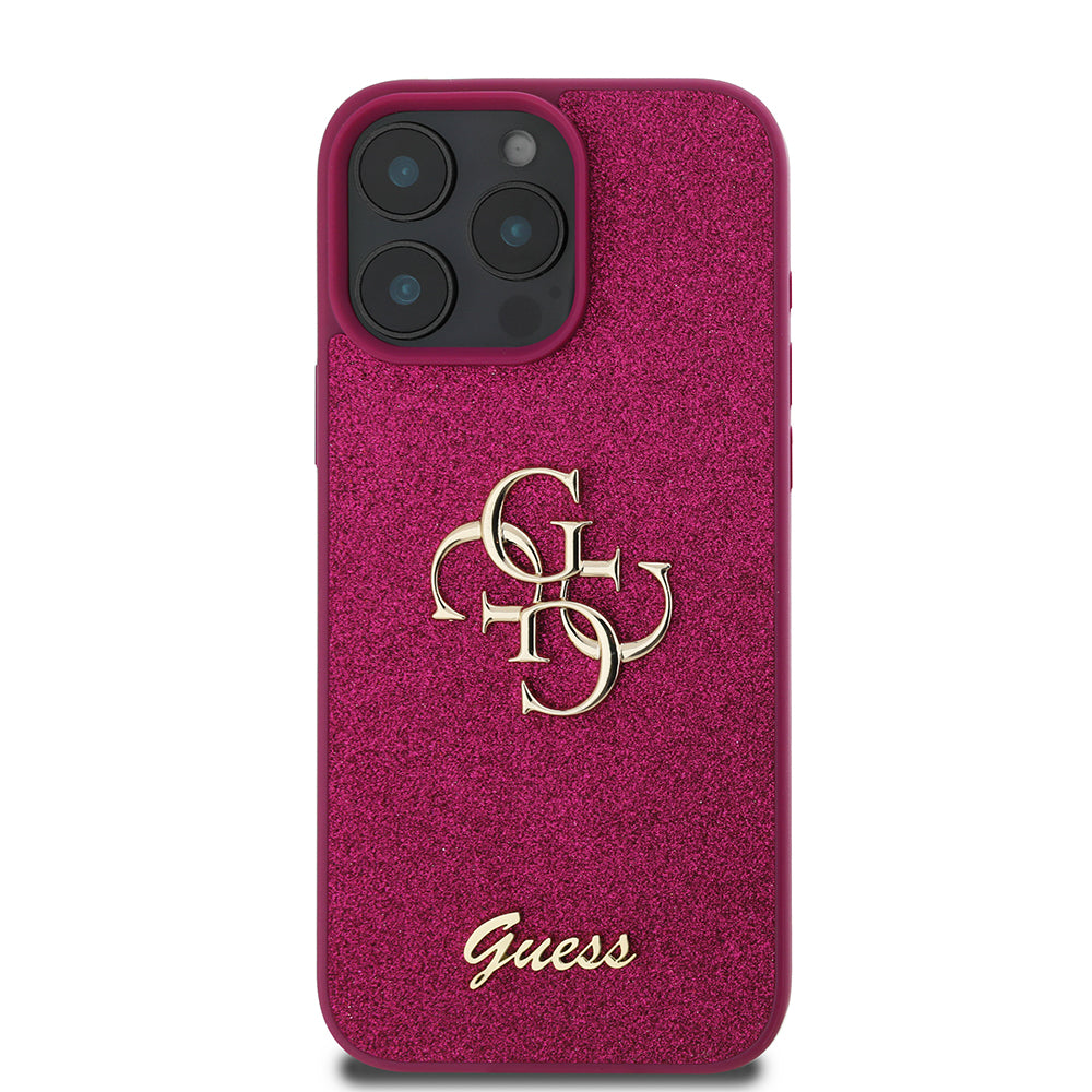 Pouzdro pro Apple iPhone 16 Pro, Guess, Glitter Big 4G Script, Magenta