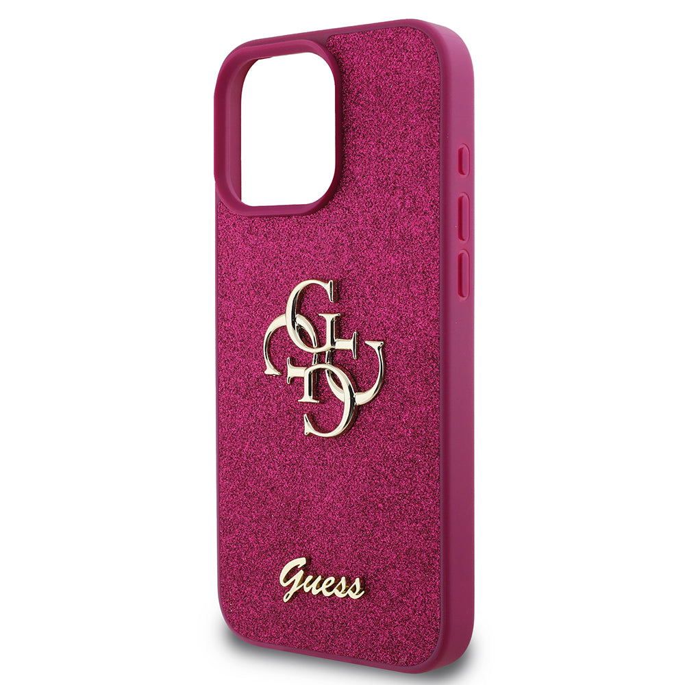 Pouzdro pro Apple iPhone 16 Pro, Guess, Glitter Big 4G Script, Magenta