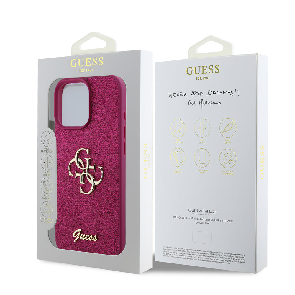 Pouzdro pro Apple iPhone 16 Pro, Guess, Glitter Big 4G Script, Magenta