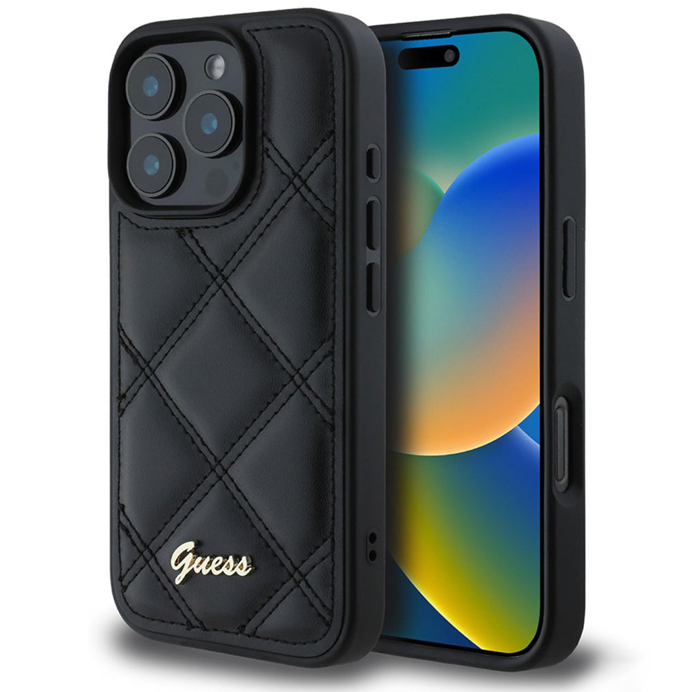 Pouzdro pro Apple iPhone 16 Pro, Guess, Quilted Metal Logo, Černá