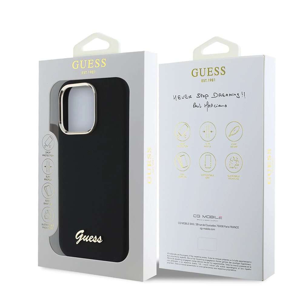Pouzdro pro Apple iPhone 16 Pro, Guess, Script Metal Logo & Frame, Černá