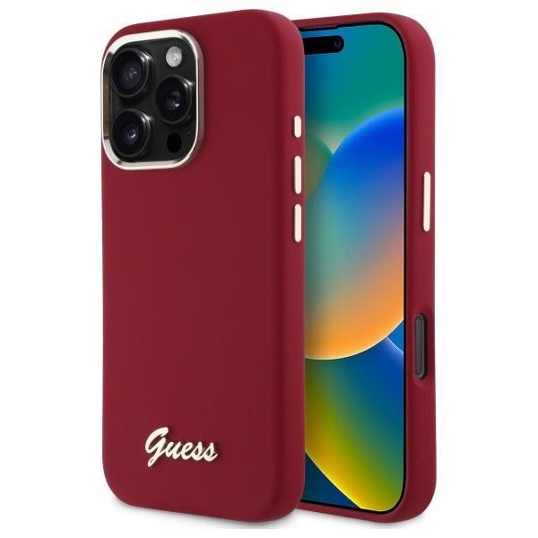 Pouzdro pro Apple iPhone 16 Pro, Guess, Script Metal Logo, Růžová