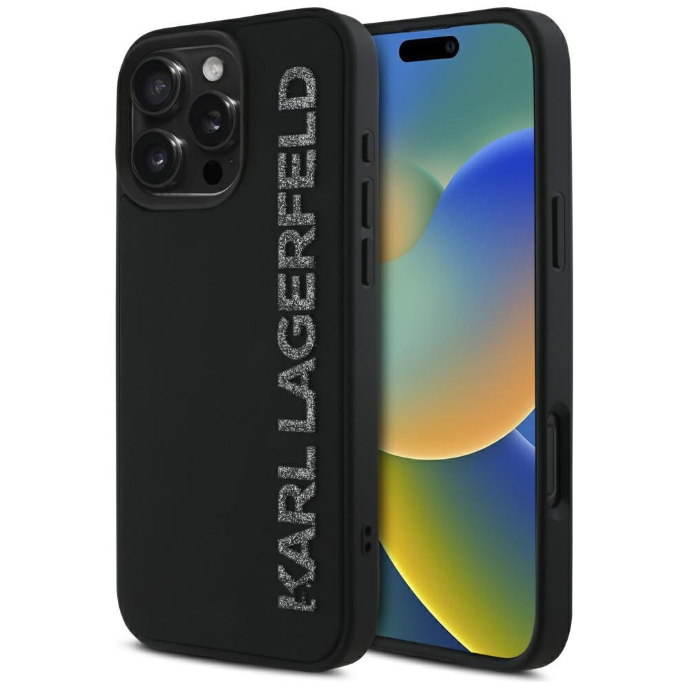 Pouzdro pro Apple iPhone 16 Pro, Karl Lagerfeld, 3D Rubber Elongated Glitter Logo, Černá