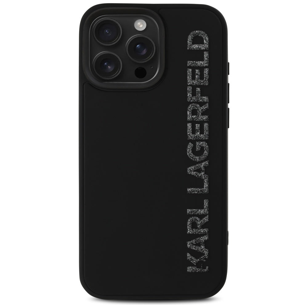 Pouzdro pro Apple iPhone 16 Pro, Karl Lagerfeld, 3D Rubber Elongated Glitter Logo, Černá