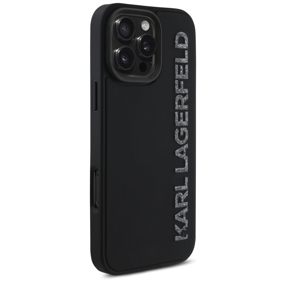 Pouzdro pro Apple iPhone 16 Pro, Karl Lagerfeld, 3D Rubber Elongated Glitter Logo, Černá