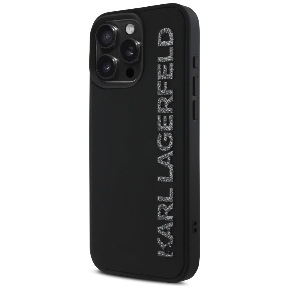 Pouzdro pro Apple iPhone 16 Pro, Karl Lagerfeld, 3D Rubber Elongated Glitter Logo, Černá