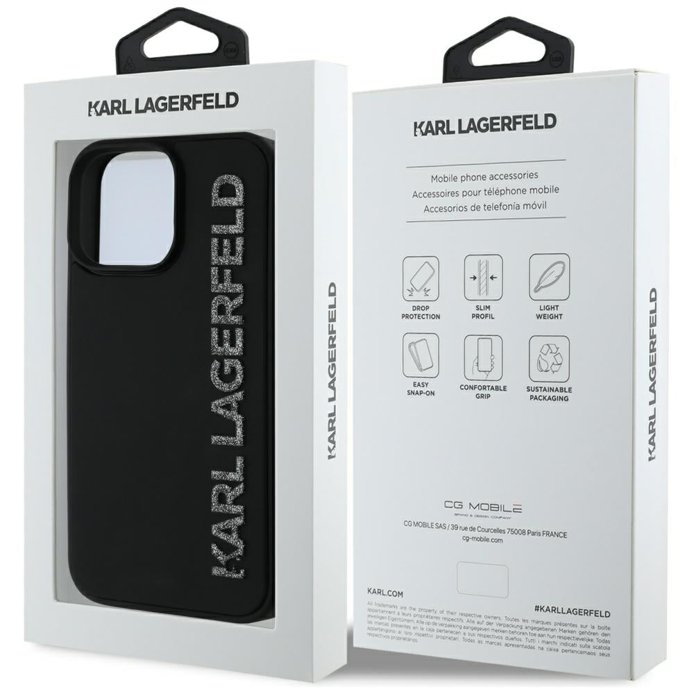 Pouzdro pro Apple iPhone 16 Pro, Karl Lagerfeld, 3D Rubber Elongated Glitter Logo, Černá